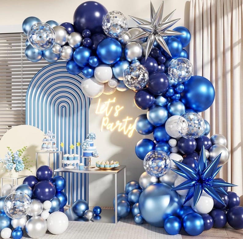 Blue White Silver Balloon Garland Arch Kit, 140Pcs Navy Light Metallic Blue Silver White Confetti Balloons With Stars for Birthday Wedding
