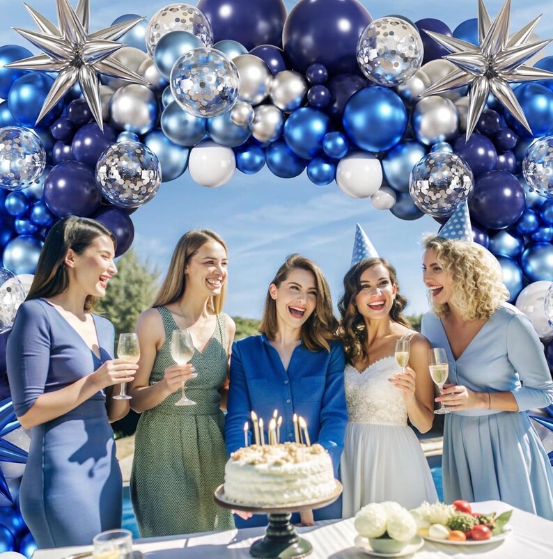 Blue White Silver Balloon Garland Arch Kit, 140Pcs Navy Light Metallic Blue Silver White Confetti Balloons With Stars for Birthday Wedding