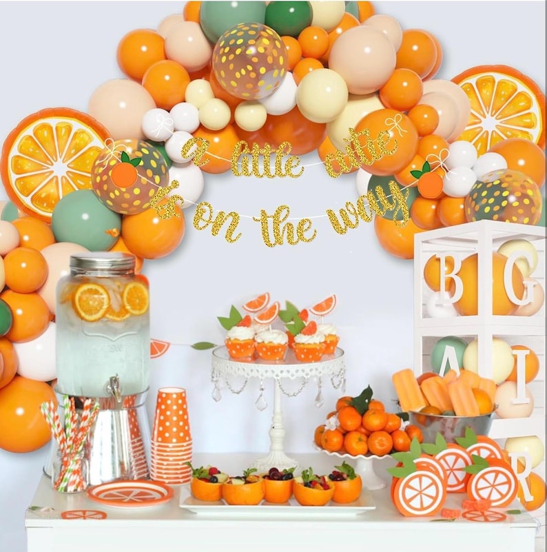 138pcs Little Cutie Baby Shower Balloon Boxes Decorations, Baby Block with Letters Orange Balloon Garland Kit A Little Cutie is On The Way