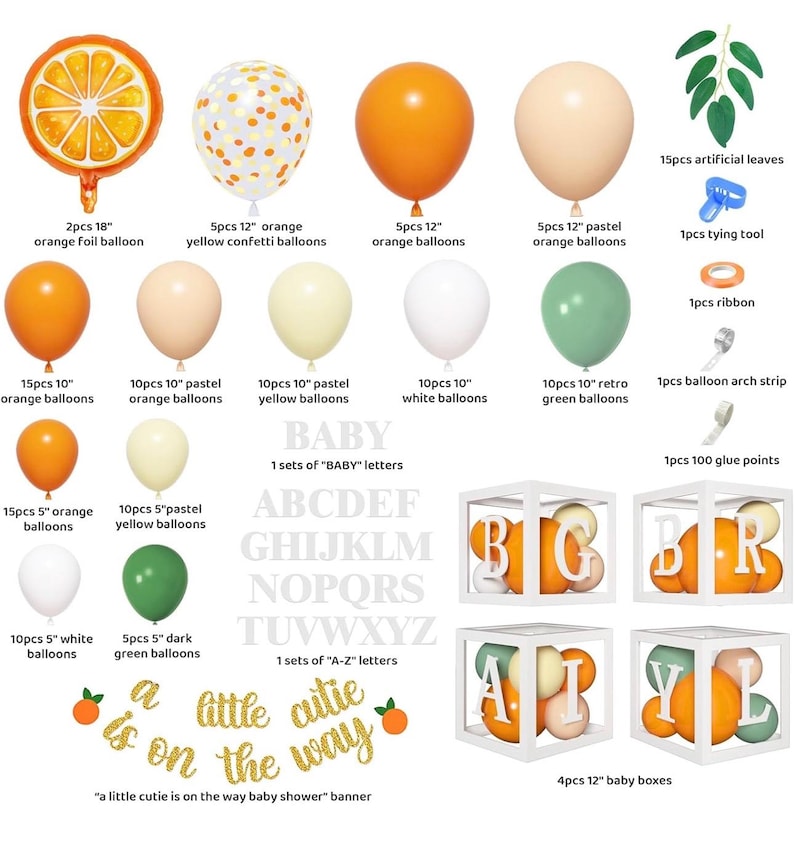 138pcs Little Cutie Baby Shower Balloon Boxes Decorations, Baby Block with Letters Orange Balloon Garland Kit A Little Cutie is On The Way