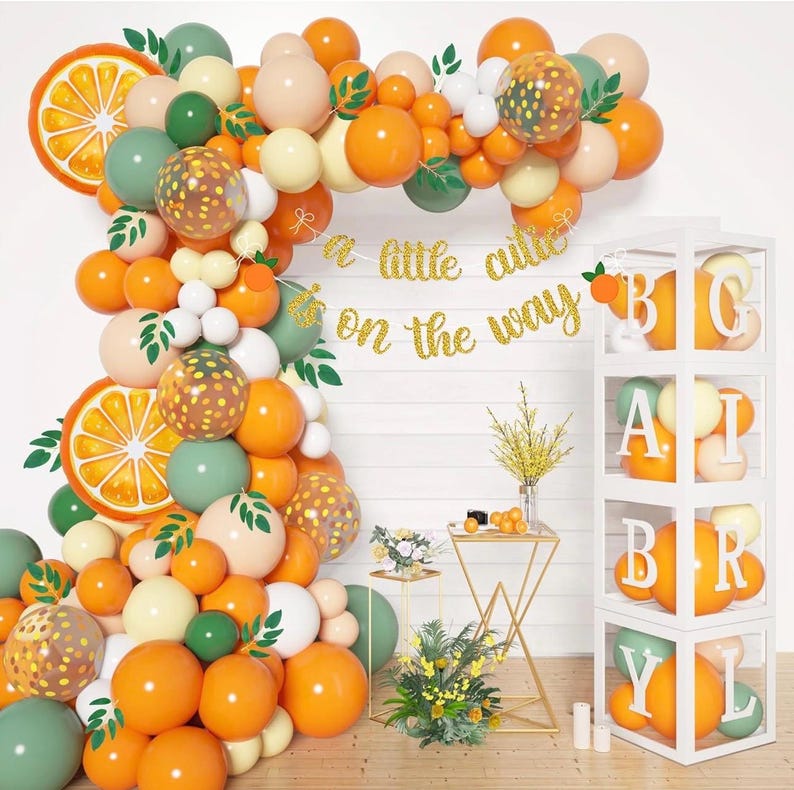 138pcs Little Cutie Baby Shower Balloon Boxes Decorations, Baby Block with Letters Orange Balloon Garland Kit A Little Cutie is On The Way