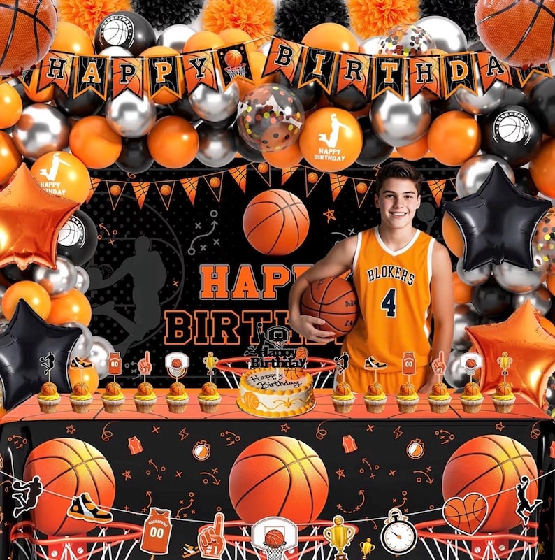 Basketball Birthday Party Decorations, Basketball Themed Party Decorations Supplies Include Balloon Arch Kit Banner Cake Topper Backdrop