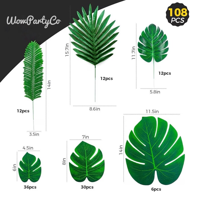 108 Pack Palm Leaves Artificial Tropical Monstera -6 Kinds Large Small Green Fake Palm Leaf with Stems for Safari Jungle Hawaiian Luau Party