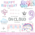On Cloud 9 Birthday Decorations for Girls – 112 PCs Cloud Theme 9th Birthday Party Supplies with Backdrop Crown Foil Balloon Banner
