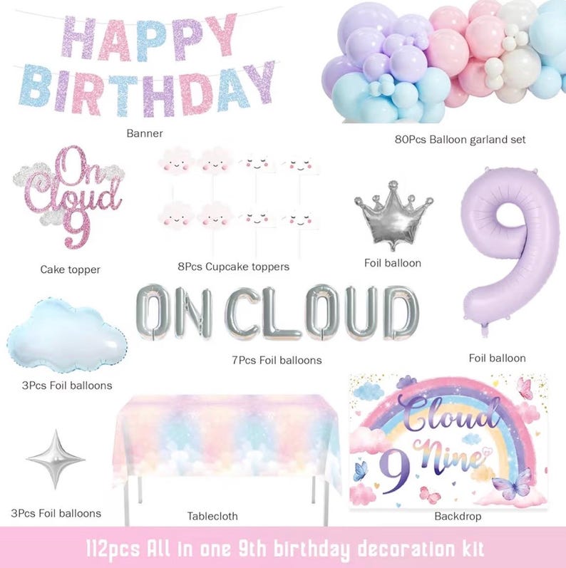 On Cloud 9 Birthday Decorations for Girls – 112 PCs Cloud Theme 9th Birthday Party Supplies with Backdrop Crown Foil Balloon Banner
