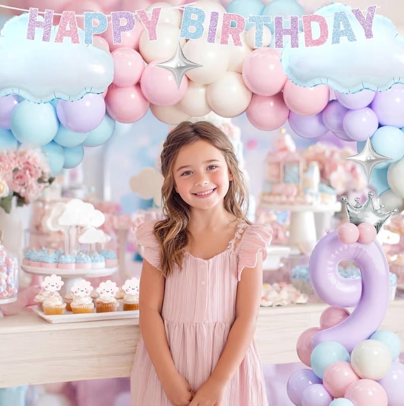 On Cloud 9 Birthday Decorations for Girls – 112 PCs Cloud Theme 9th Birthday Party Supplies with Backdrop Crown Foil Balloon Banner
