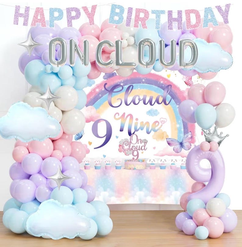 On Cloud 9 Birthday Decorations for Girls – 112 PCs Cloud Theme 9th Birthday Party Supplies with Backdrop Crown Foil Balloon Banner