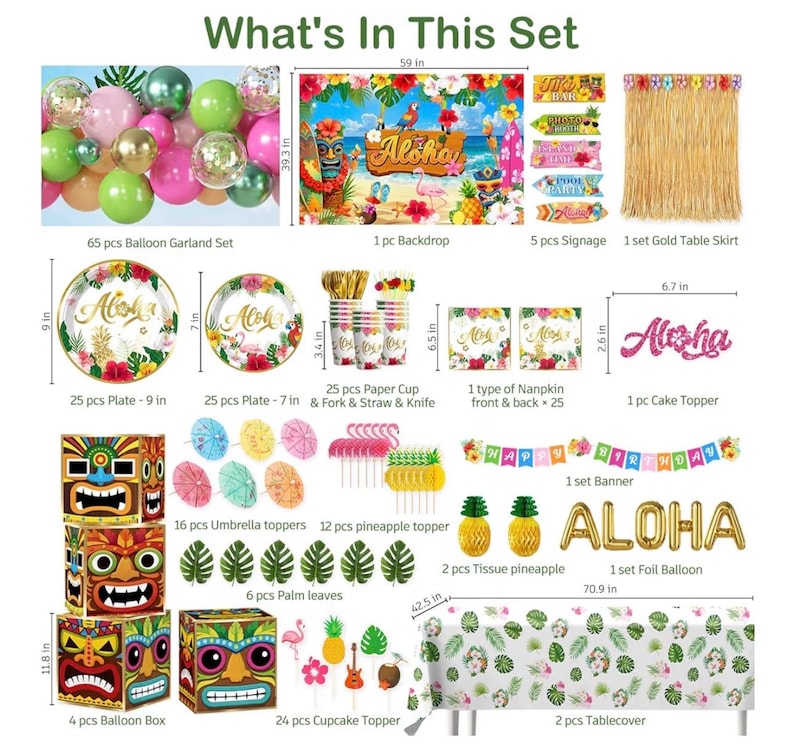 320pcs Hawaiian Party Decorations Complete Party Set, Serves for 25 Guests, Luau Birthday Decorations, Aloha Hawaii Birthday Decorations
