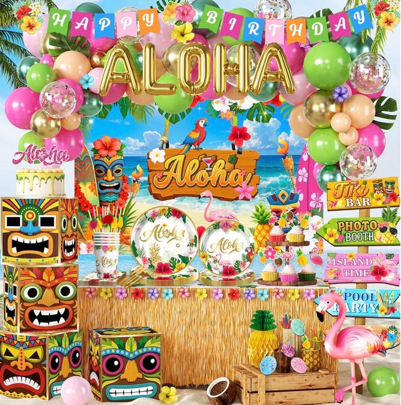 320pcs Hawaiian Party Decorations Complete Party Set, Serves for 25 Guests, Luau Birthday Decorations, Aloha Hawaii Birthday Decorations