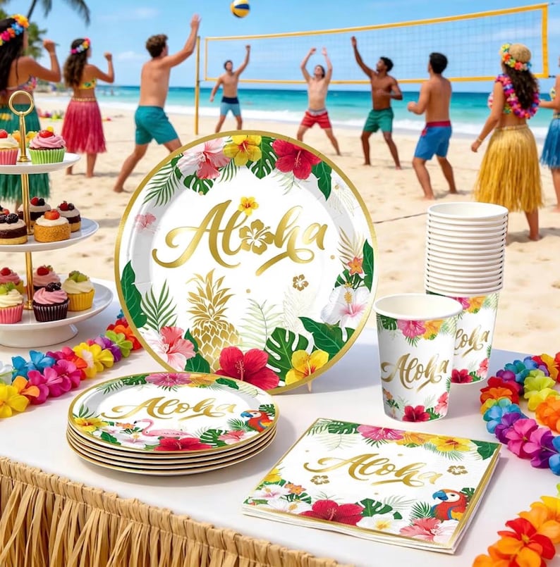 320pcs Hawaiian Party Decorations Complete Party Set, Serves for 25 Guests, Luau Birthday Decorations, Aloha Hawaii Birthday Decorations