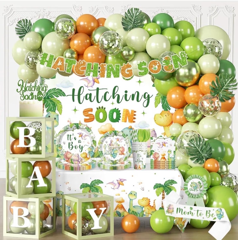 280PCS Dinosaur Baby Shower Decorations, 25 Dinosaur Theme Tableware, Includes It's A Boy Plates and Napkins, Backdrop, Balloon Kit