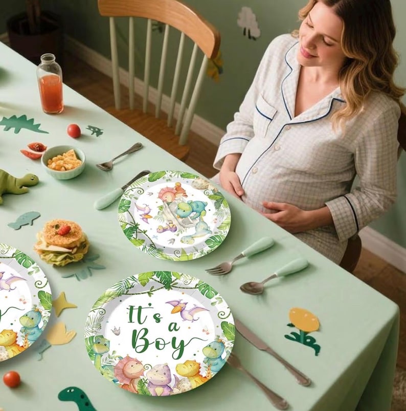 280PCS Dinosaur Baby Shower Decorations, 25 Dinosaur Theme Tableware, Includes It's A Boy Plates and Napkins, Backdrop, Balloon Kit