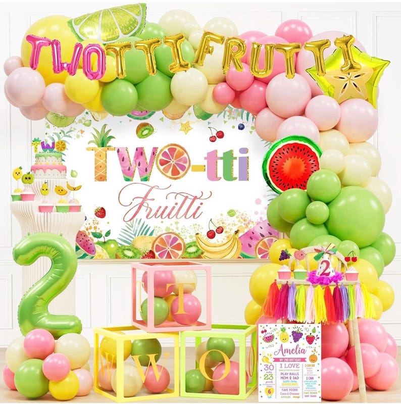 Twotti Fruity Birthday Decorations, Tutti Frutti Party Supplies with Backdrop, Balloon Garland, Cake Topper, Banner, Boxes for Girls 2nd