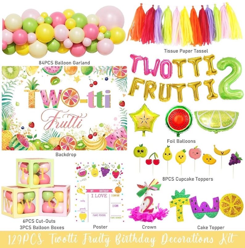 Twotti Fruity Birthday Decorations, Tutti Frutti Party Supplies with Backdrop, Balloon Garland, Cake Topper, Banner, Boxes for Girls 2nd