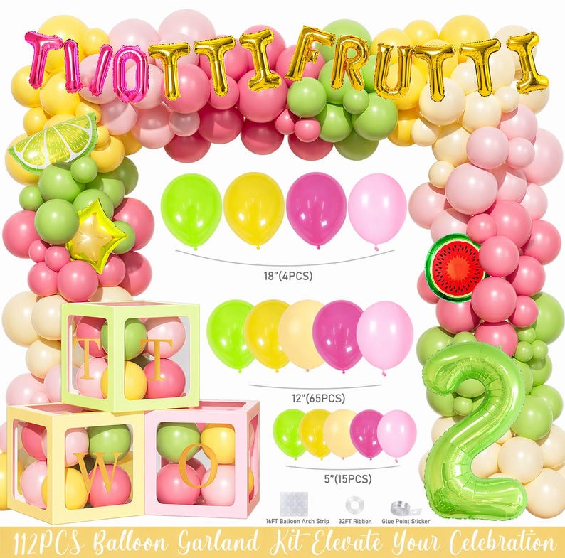 Twotti Fruity Birthday Decorations, Tutti Frutti Party Supplies with Backdrop, Balloon Garland, Cake Topper, Banner, Boxes for Girls 2nd