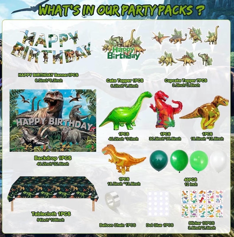Dinosaur Birthday Party Decorations Kit for Boys - Dino Party Supplies with Tablecloth, Banner, Backdrop, Cake Topper, Balloons & Stickers