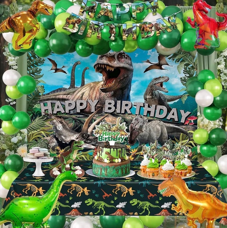 Dinosaur Birthday Party Decorations Kit for Boys - Dino Party Supplies with Tablecloth, Banner, Backdrop, Cake Topper, Balloons & Stickers