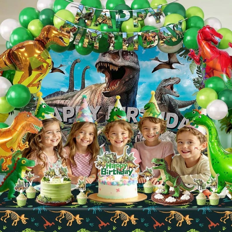 Dinosaur Birthday Party Decorations Kit for Boys - Dino Party Supplies with Tablecloth, Banner, Backdrop, Cake Topper, Balloons & Stickers