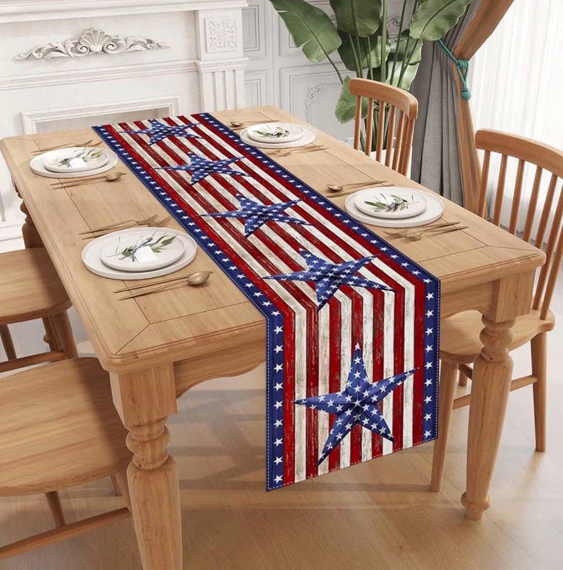 Watercolor Red White and Blue American Flag Stars Table Runner 4th of July Memorial Day Veterans Day Patriotic Decoration  for Home