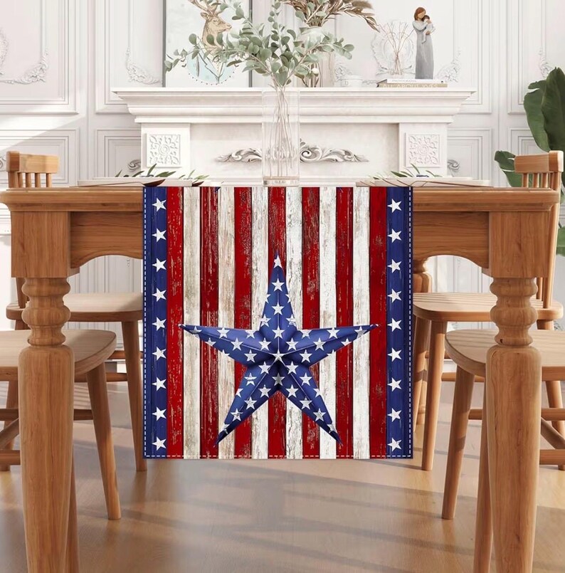 Watercolor Red White and Blue American Flag Stars Table Runner 4th of July Memorial Day Veterans Day Patriotic Decoration  for Home