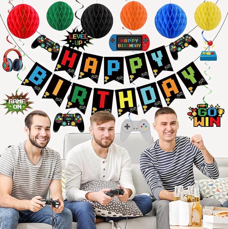 Video Game Birthday Decorations Game Theme Party Decorations Kit Includes Happy Birthday Gaming Banner Hanging Swirls Honeycomb Balls