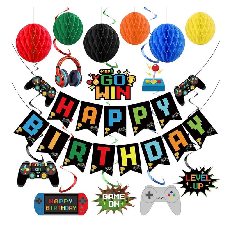 Video Game Birthday Decorations Game Theme Party Decorations Kit Includes Happy Birthday Gaming Banner Hanging Swirls Honeycomb Balls