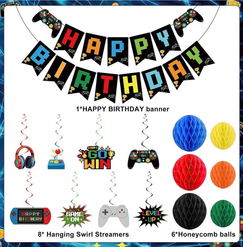 Video Game Birthday Decorations Game Theme Party Decorations Kit Includes Happy Birthday Gaming Banner Hanging Swirls Honeycomb Balls