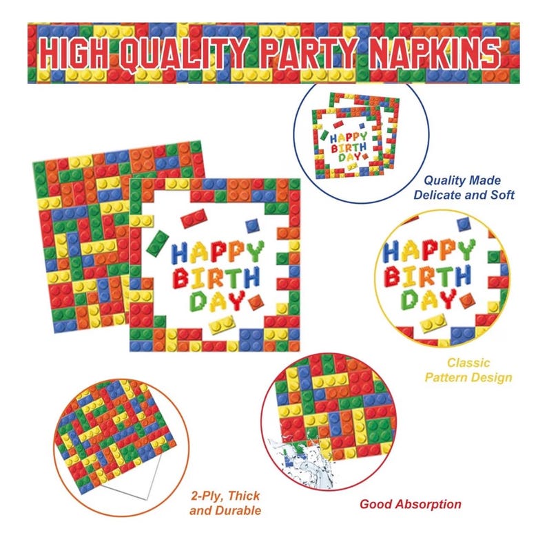 173 PCS Building Block Birthday Party Decorations - Plates, Napkins, Cups, Cutlery, Cake & Cupcake Toppers, Banner, Hanging Swirls,Balloons