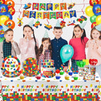 173 PCS Building Block Birthday Party Decorations - Plates, Napkins, Cups, Cutlery, Cake & Cupcake Toppers, Banner, Hanging Swirls,Balloons