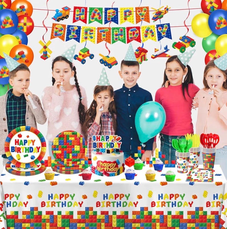 173 PCS Building Block Birthday Party Decorations - Plates, Napkins, Cups, Cutlery, Cake & Cupcake Toppers, Banner, Hanging Swirls,Balloons