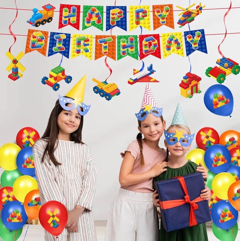 173 PCS Building Block Birthday Party Decorations - Plates, Napkins, Cups, Cutlery, Cake & Cupcake Toppers, Banner, Hanging Swirls,Balloons