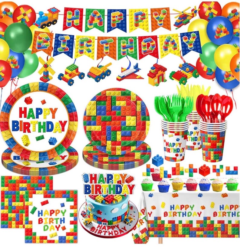 173 PCS Building Block Birthday Party Decorations - Plates, Napkins, Cups, Cutlery, Cake & Cupcake Toppers, Banner, Hanging Swirls,Balloons