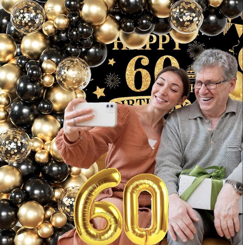 60th Birthday Decoration Kit For Men Women, Black Gold Happy 60th Birthday Banner, 60th Birthday Balloon Arch Kit And 60 Number Balloon