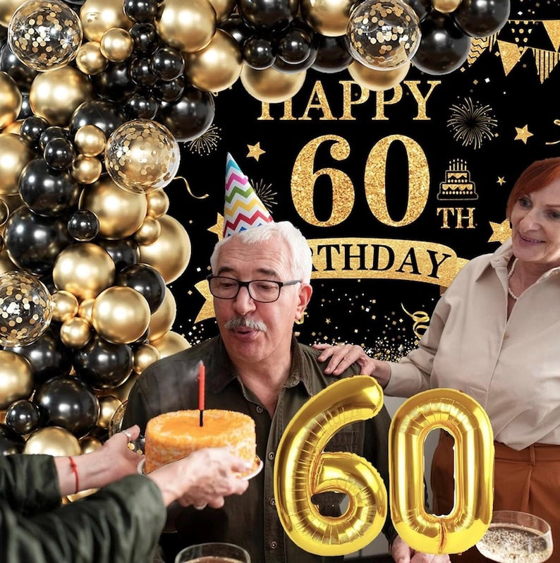 60th Birthday Decoration Kit For Men Women, Black Gold Happy 60th Birthday Banner, 60th Birthday Balloon Arch Kit And 60 Number Balloon