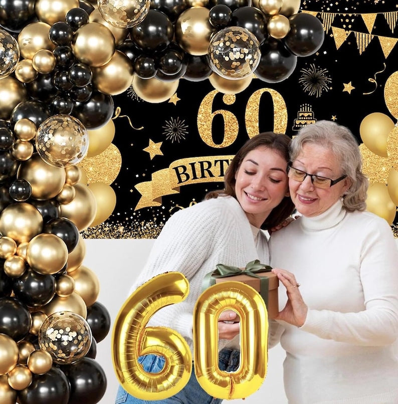 60th Birthday Decoration Kit For Men Women, Black Gold Happy 60th Birthday Banner, 60th Birthday Balloon Arch Kit And 60 Number Balloon