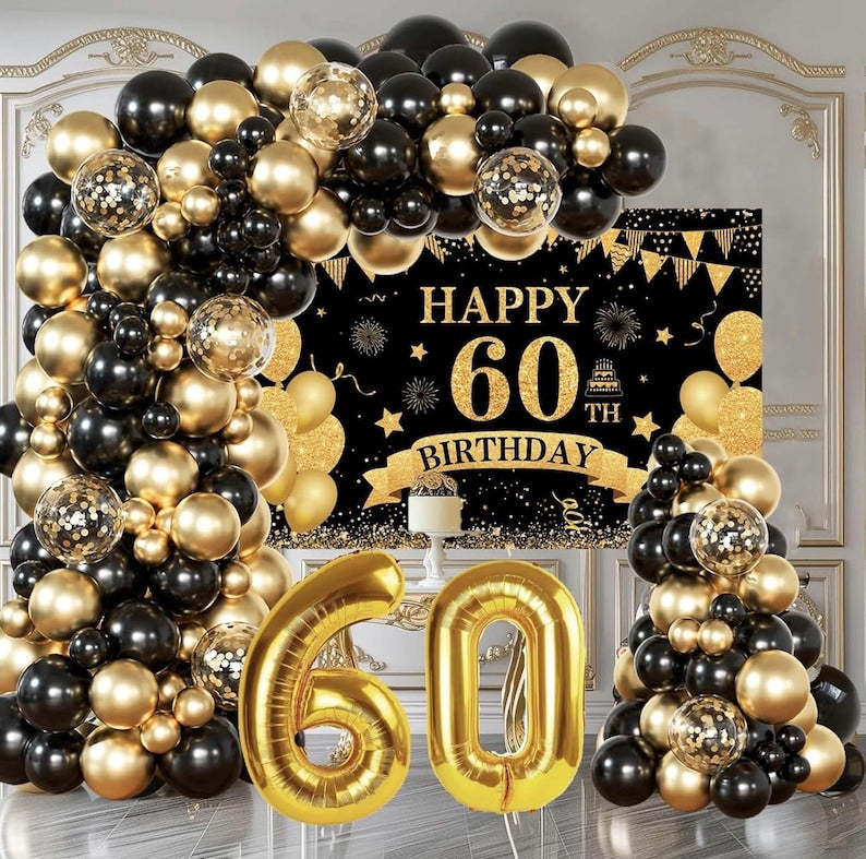 60th Birthday Decoration Kit For Men Women, Black Gold Happy 60th Birthday Banner, 60th Birthday Balloon Arch Kit And 60 Number Balloon