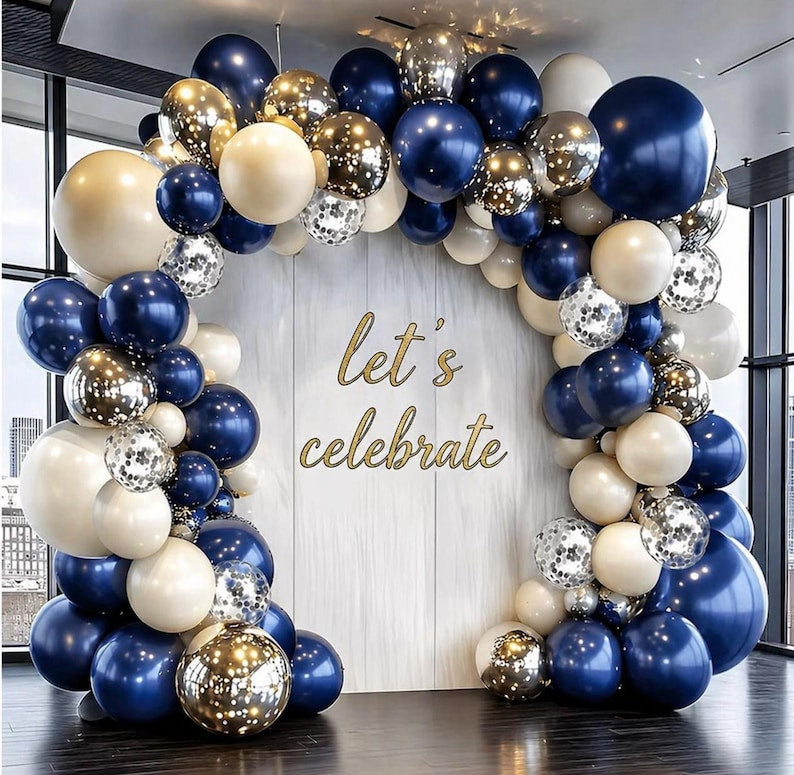 Navy Blue Silver Balloon Arch Kit, Double Stuffed Balloon Garland, Blue White Silver Party Decorations for Birthday Graduation