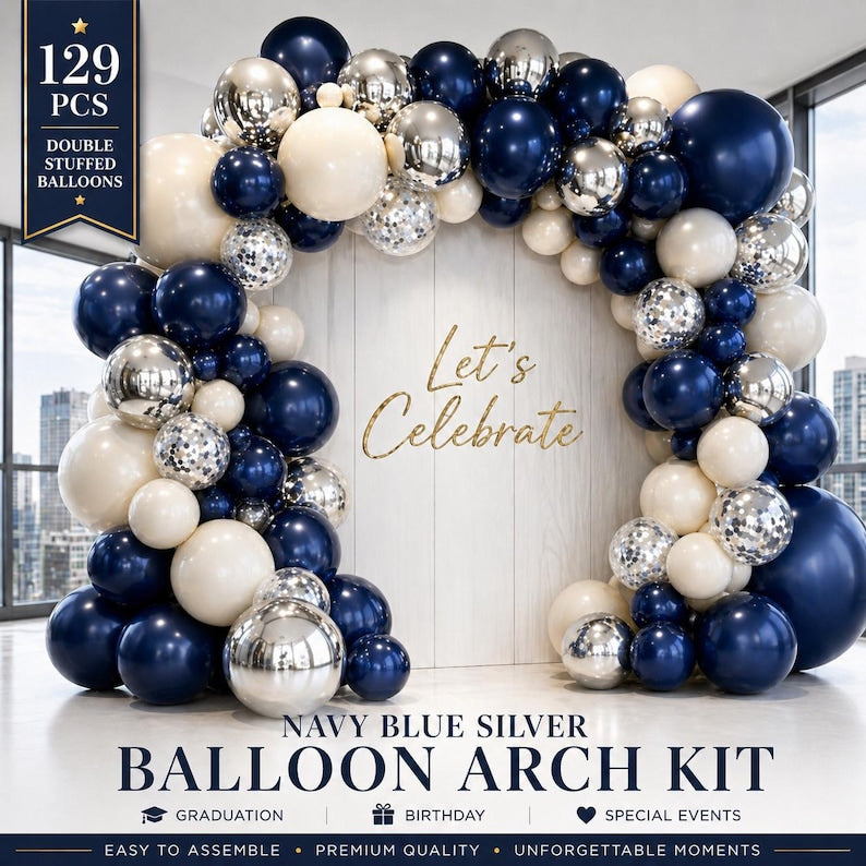Navy Blue Silver Balloon Arch Kit, Double Stuffed Balloon Garland, Blue White Silver Party Decorations for Birthday Graduation