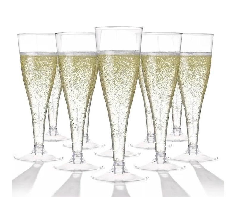 100 Pack Clear Plastic Champagne Flutes, 4.5 oz Disposable Toasting Glasses, Elegant Party Cups for Wedding, New Year, Bridal Shower