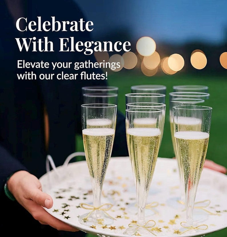 100 Pack Clear Plastic Champagne Flutes, 4.5 oz Disposable Toasting Glasses, Elegant Party Cups for Wedding, New Year, Bridal Shower