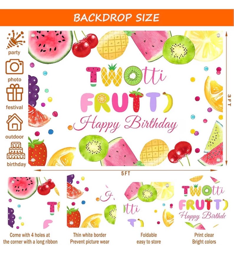 Twotti Fruity Birthday Decorations, Fruit Themed 2nd Tutti Frutti Party Decorations Backdrop Balloon Garland Glitter Banner Cake Topper