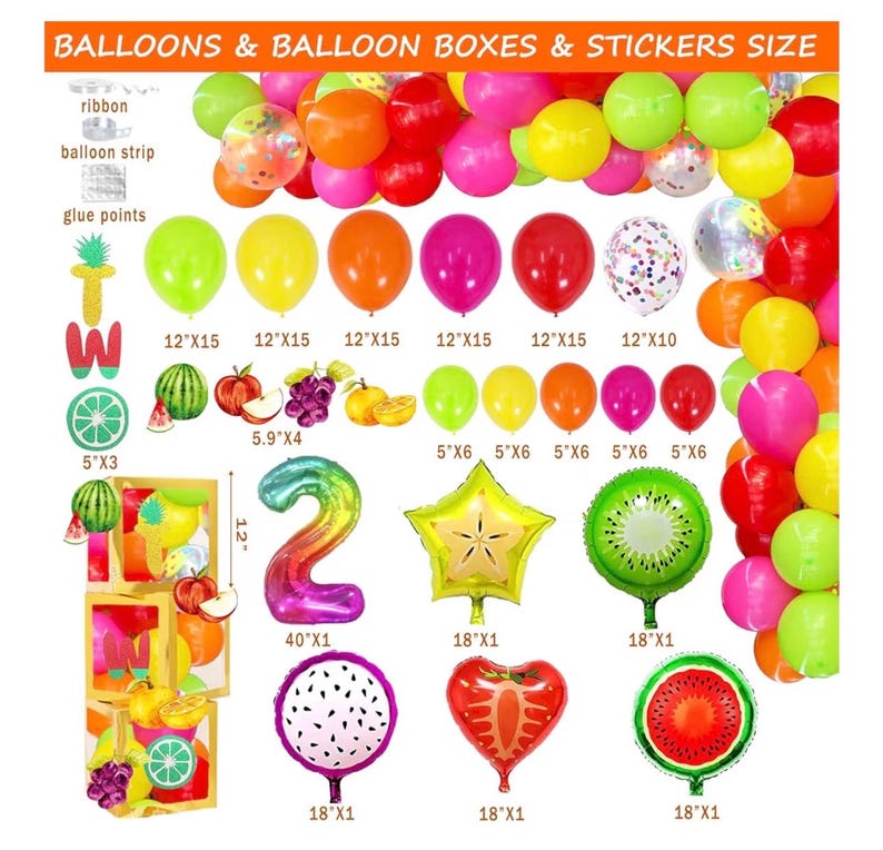 Twotti Fruity Birthday Decorations, Fruit Themed 2nd Tutti Frutti Party Decorations Backdrop Balloon Garland Glitter Banner Cake Topper