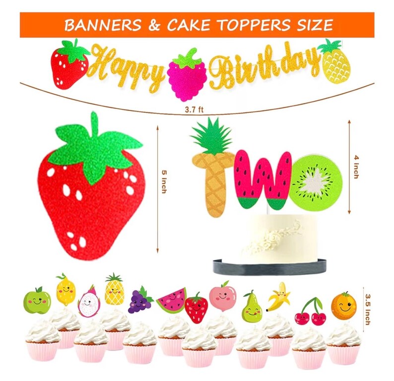 Twotti Fruity Birthday Decorations, Fruit Themed 2nd Tutti Frutti Party Decorations Backdrop Balloon Garland Glitter Banner Cake Topper