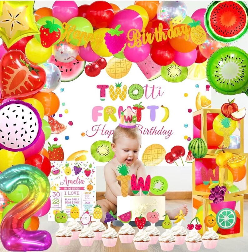 Twotti Fruity Birthday Decorations, Fruit Themed 2nd Tutti Frutti Party Decorations Backdrop Balloon Garland Glitter Banner Cake Topper