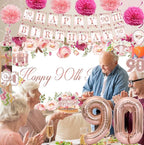 Flower 90th Birthday Decorations for Women, Rose Gold 90th Birthday Backdrop Banner, Cake Topper, Honeycomb, Hanging Swirl for Party