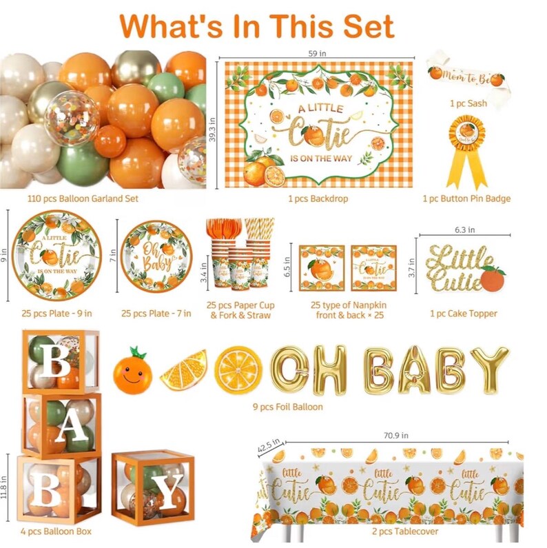 279 PCS A Little Cutie Is On The Way Decorations, All-in-One Orange Baby Shower Party Pack With Balloon, Backdrop, Plates and Napkins