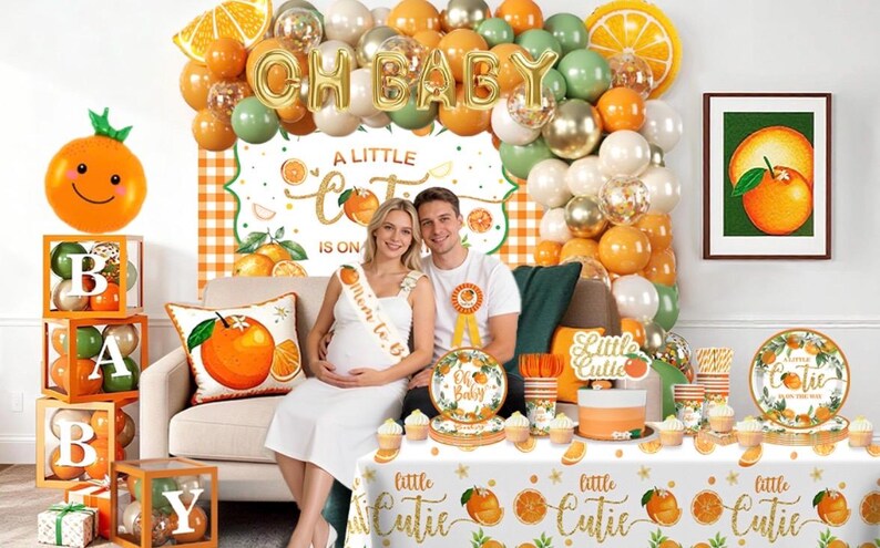 279 PCS A Little Cutie Is On The Way Decorations, All-in-One Orange Baby Shower Party Pack With Balloon, Backdrop, Plates and Napkins