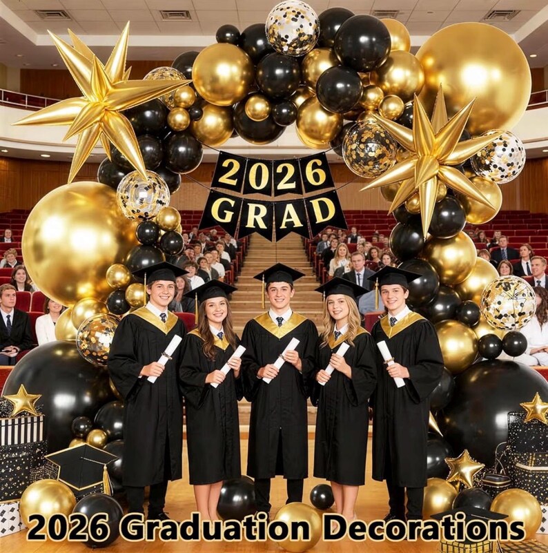 Black and Gold Balloons Arch Kit with Black Gold Confetti Balloons for 2026 Graduation Decorations Class Grad Men Birthday Party Prom Retire