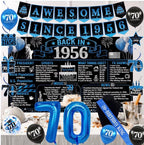 Back in 1956 Birthday Decorations for Men, Black Blue 70th Birthday Party Supplies, Back in 1956 Poster Backdrop Banner, Sash,  70 Years Old