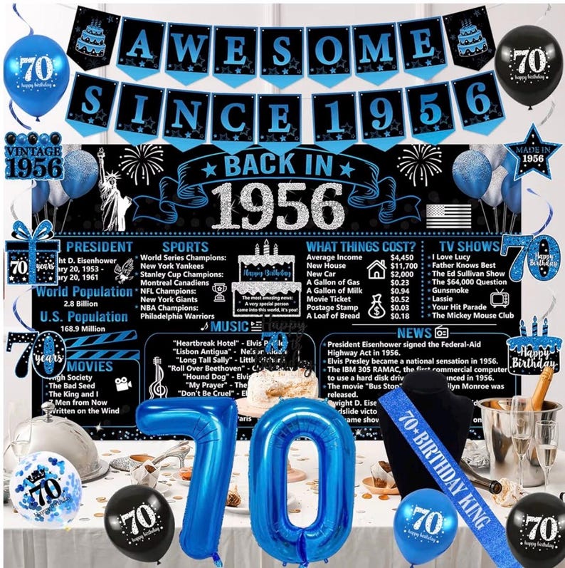 Back in 1956 Birthday Decorations for Men, Black Blue 70th Birthday Party Supplies, Back in 1956 Poster Backdrop Banner, Sash,  70 Years Old